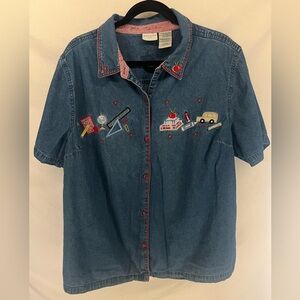 Vintage Denim Teacher Theme Embroidered Apple Button Up Top Plus Size 22/24W